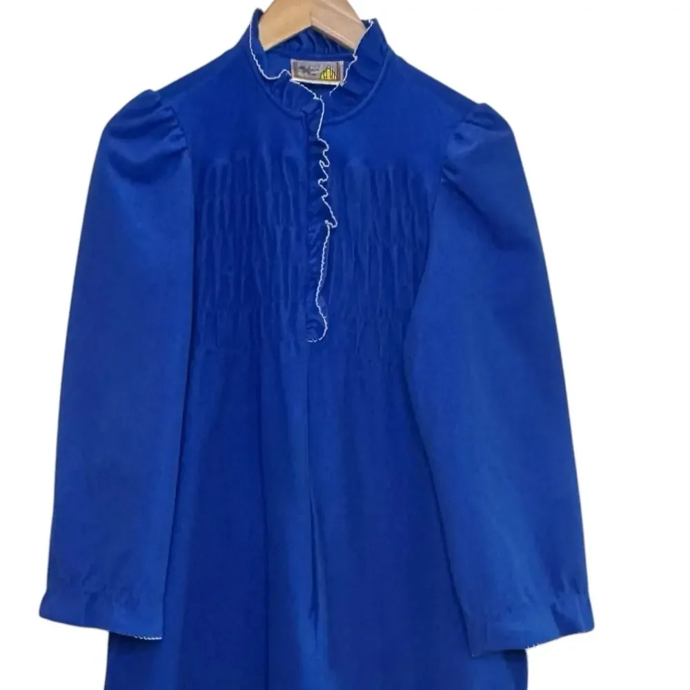 Vtg Beekman Place Blue Half Zip White Trimmed Smocked Robe House Coat Mumu - Picture 2 of 5
